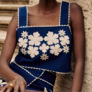 Sezane Marga Top Blue With Ecru Embroidery - Size 10